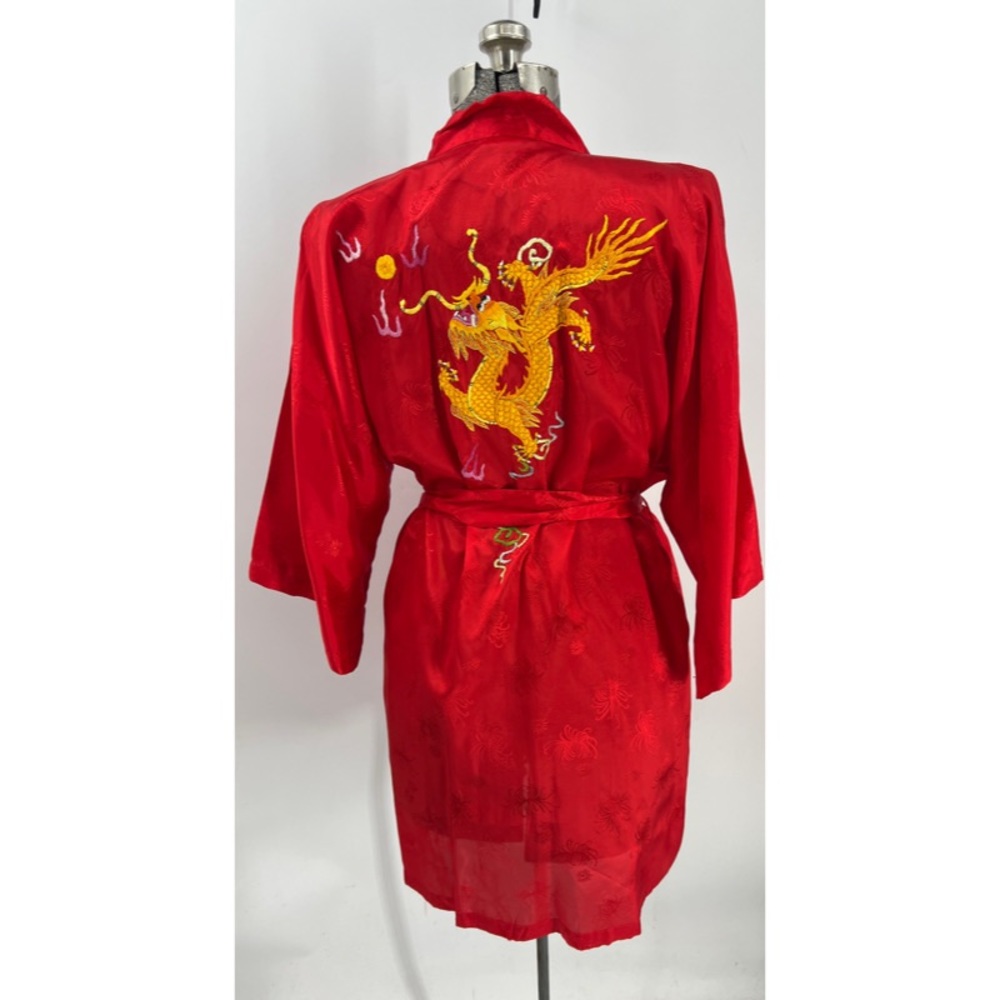 Vintage 70s Golden Bee Embroidered Dragon Kimono Robe Red Rayon Large